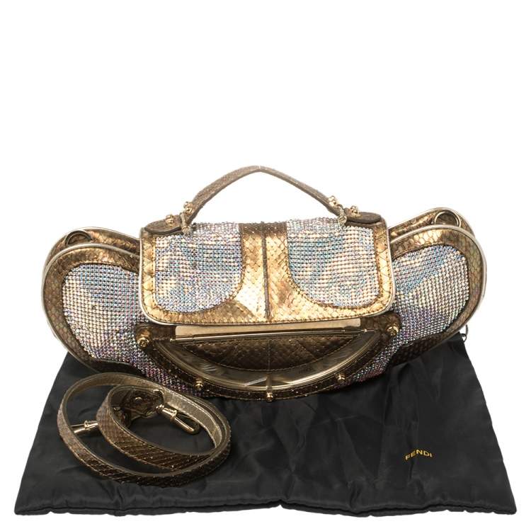 Pre Owned Fendi Metallic Gold Python Leather Crystal Embellished Top Handle Bag
