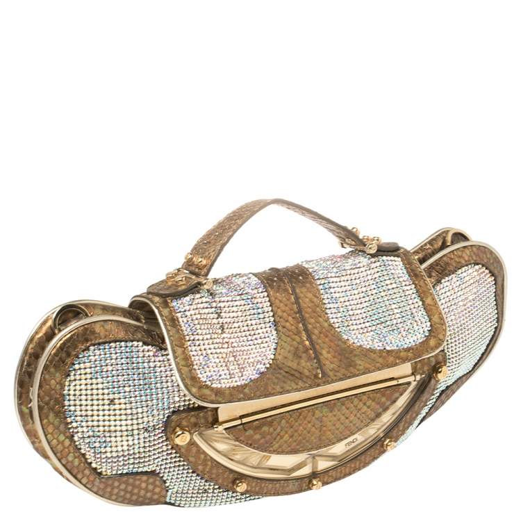 Pre Owned Fendi Metallic Gold Python Leather Crystal Embellished Top Handle Bag
