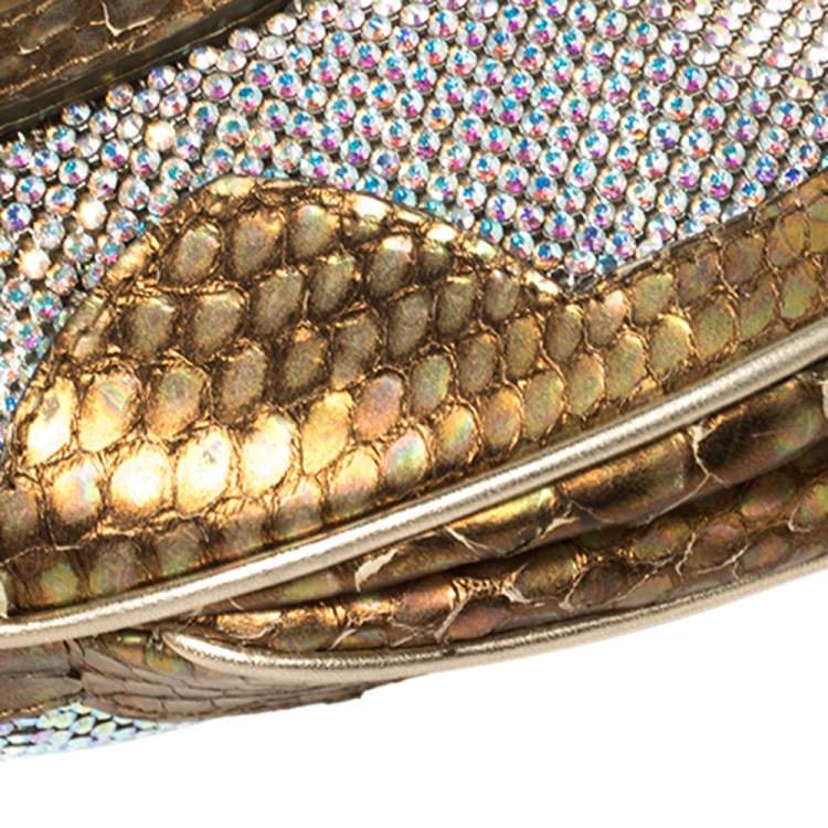 Pre Owned Fendi Metallic Gold Python Leather Crystal Embellished Top Handle Bag