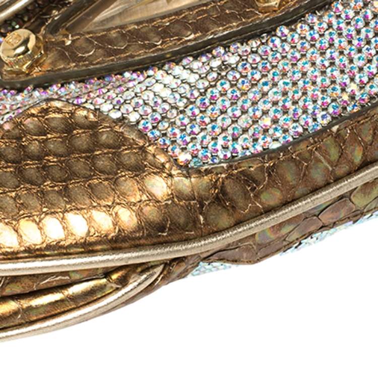 Pre Owned Fendi Metallic Gold Python Leather Crystal Embellished Top Handle Bag
