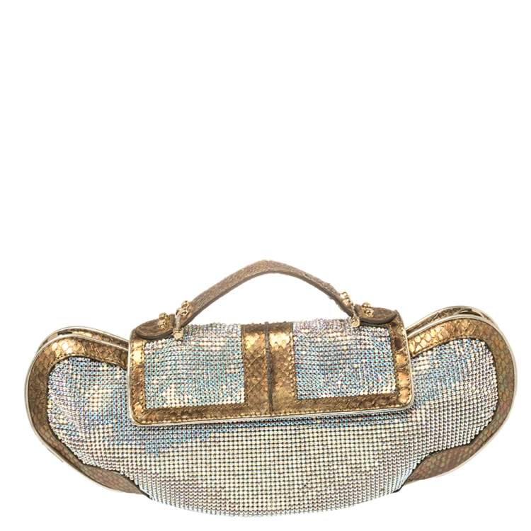 Pre Owned Fendi Metallic Gold Python Leather Crystal Embellished Top Handle Bag