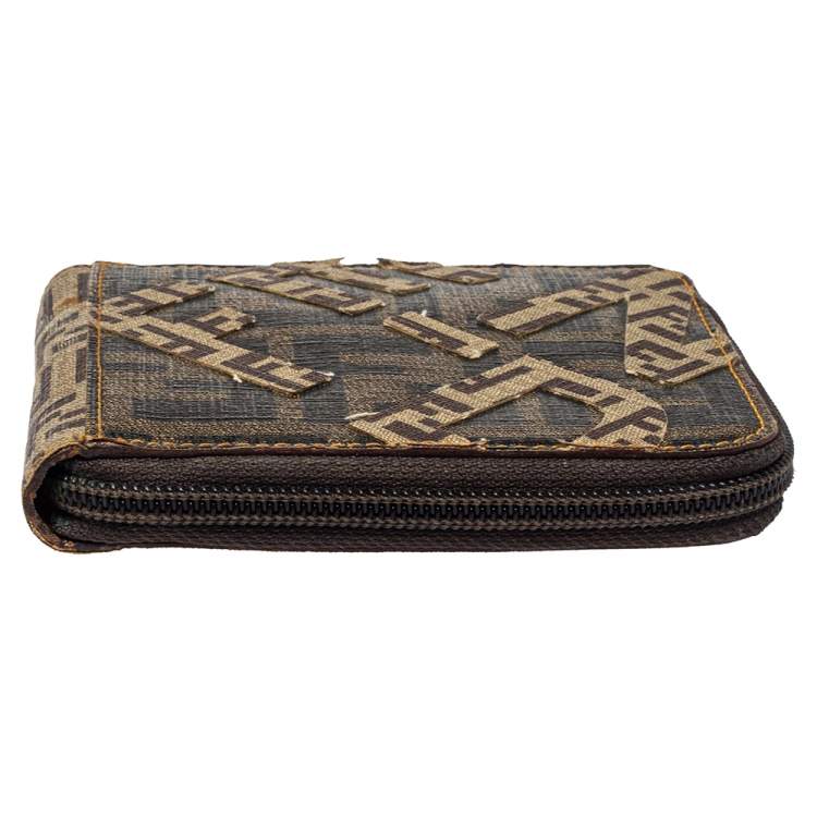 Pre Owned Fendi Brown/Beige Zucchino Canvas Zip Around Compact Wallet