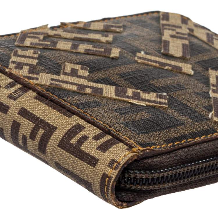 Pre Owned Fendi Brown/Beige Zucchino Canvas Zip Around Compact Wallet