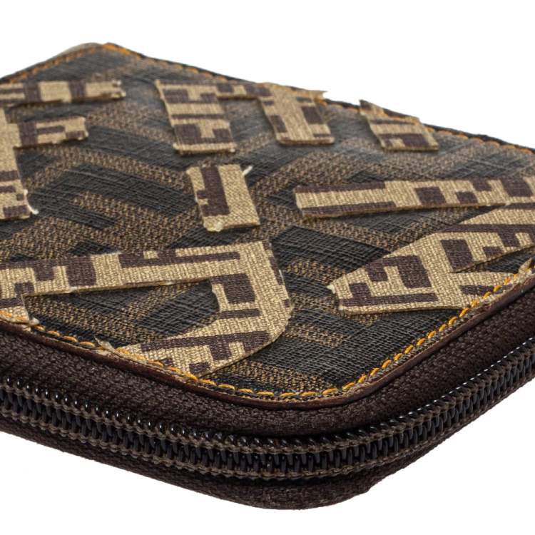 Pre Owned Fendi Brown/Beige Zucchino Canvas Zip Around Compact Wallet