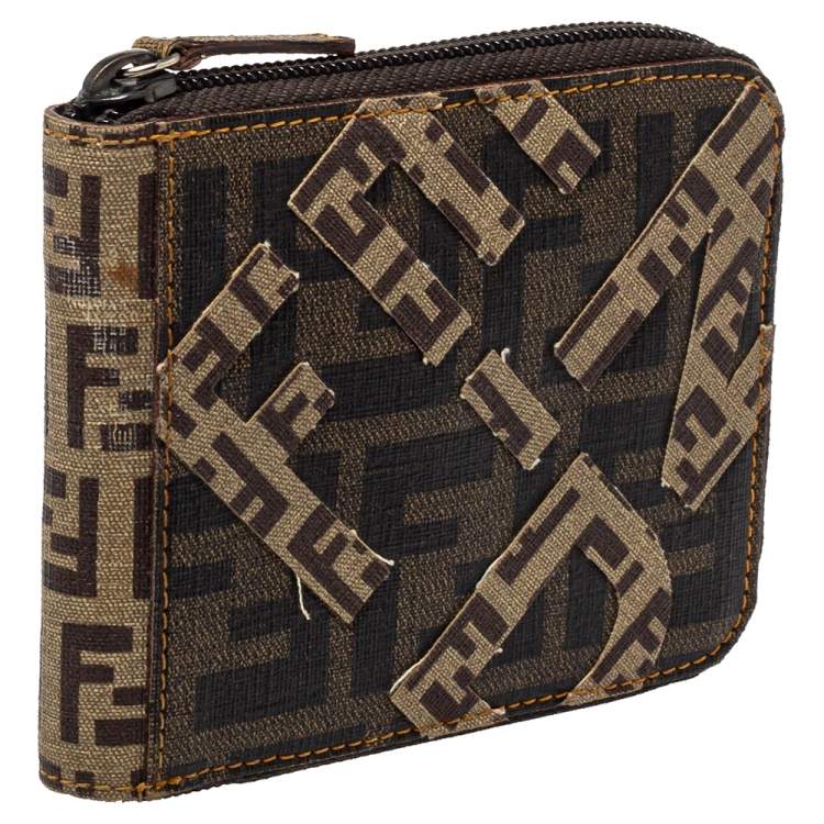 Pre Owned Fendi Brown/Beige Zucchino Canvas Zip Around Compact Wallet