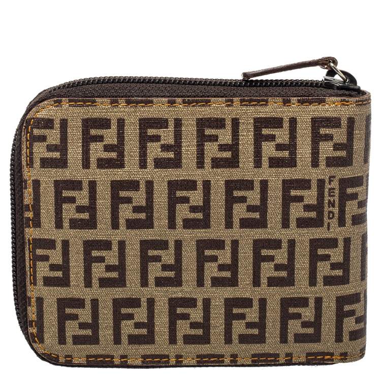 Pre Owned Fendi Brown/Beige Zucchino Canvas Zip Around Compact Wallet