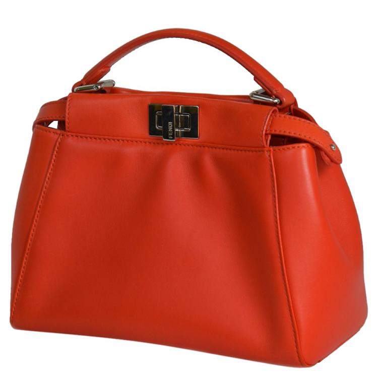 Pre Owned Fendi Orange Leather Mini Peekaboo Bag