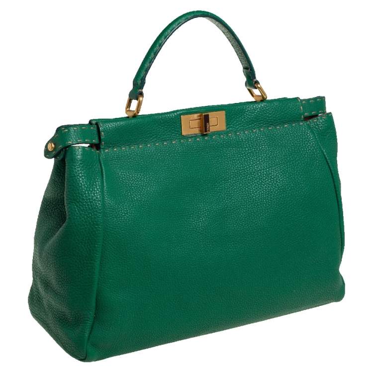 Pre Owned Fendi Green Selleria Leather Large Peekaboo Top Handle Bag