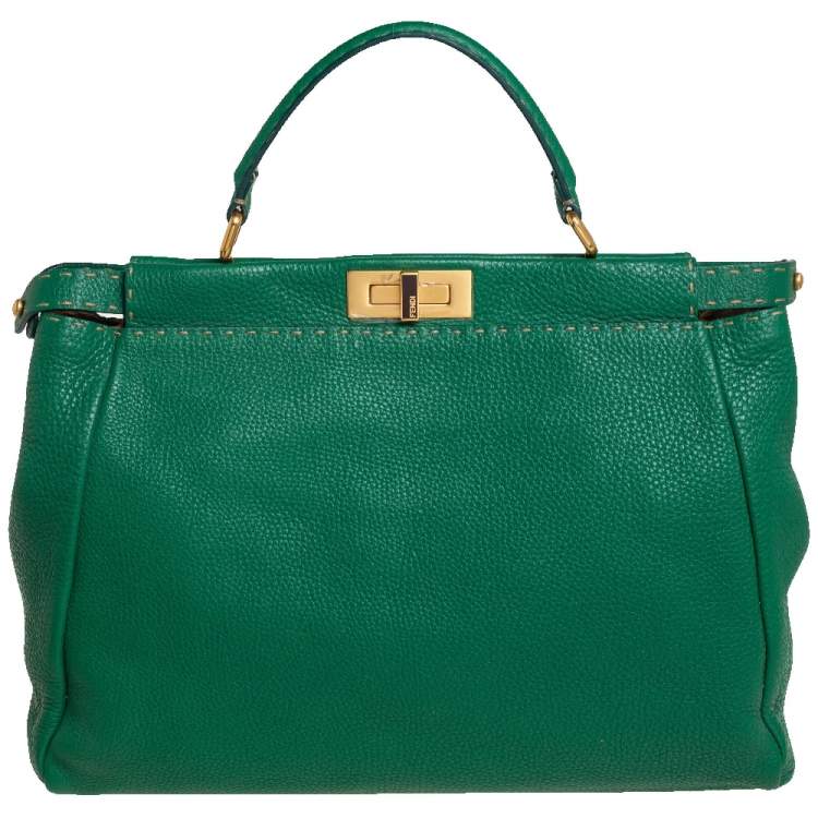 Pre Owned Fendi Green Selleria Leather Large Peekaboo Top Handle Bag