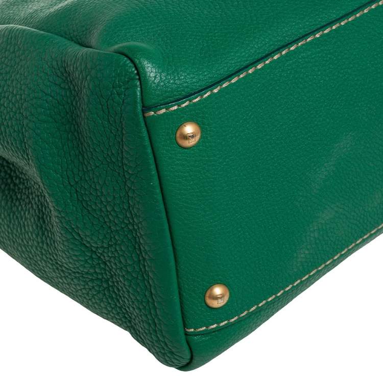 Pre Owned Fendi Green Selleria Leather Large Peekaboo Top Handle Bag
