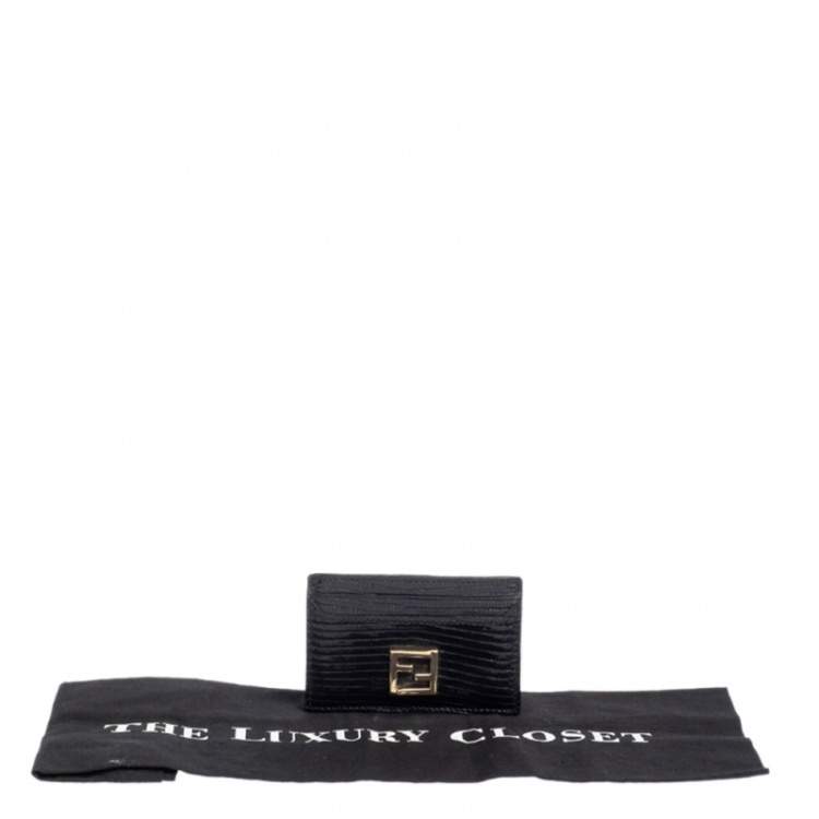 Pre Owned Fendi Black Lizard Embossed Leather Card Holder 