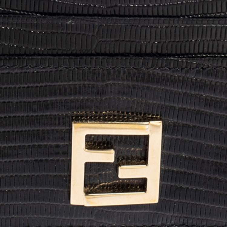 Pre Owned Fendi Black Lizard Embossed Leather Card Holder 
