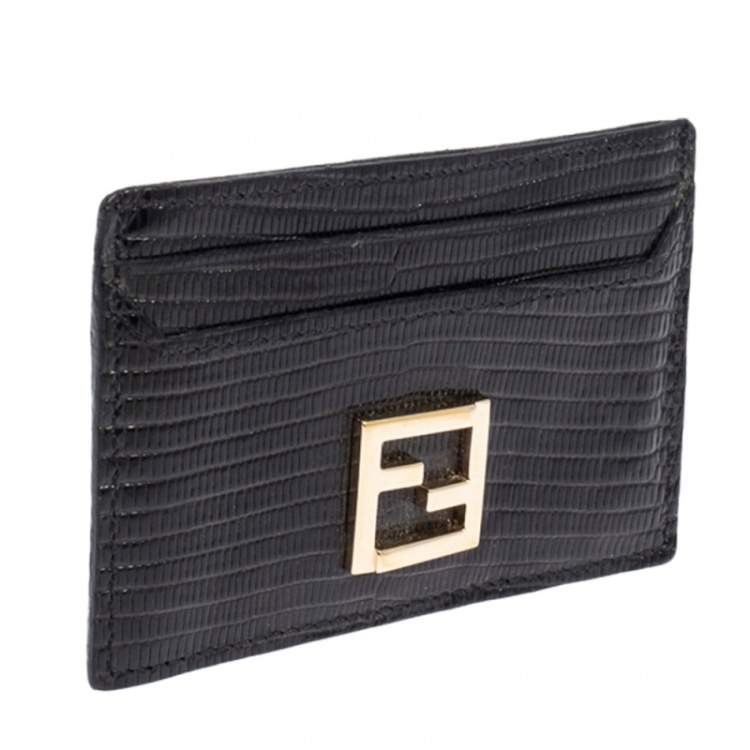 Pre Owned Fendi Black Lizard Embossed Leather Card Holder 