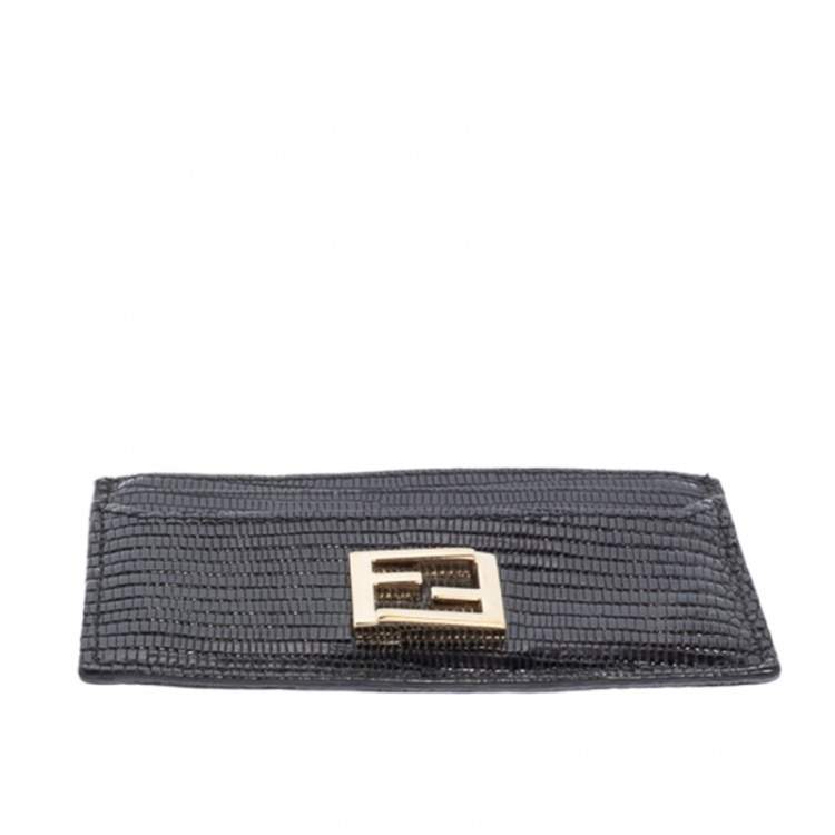 Pre Owned Fendi Black Lizard Embossed Leather Card Holder 