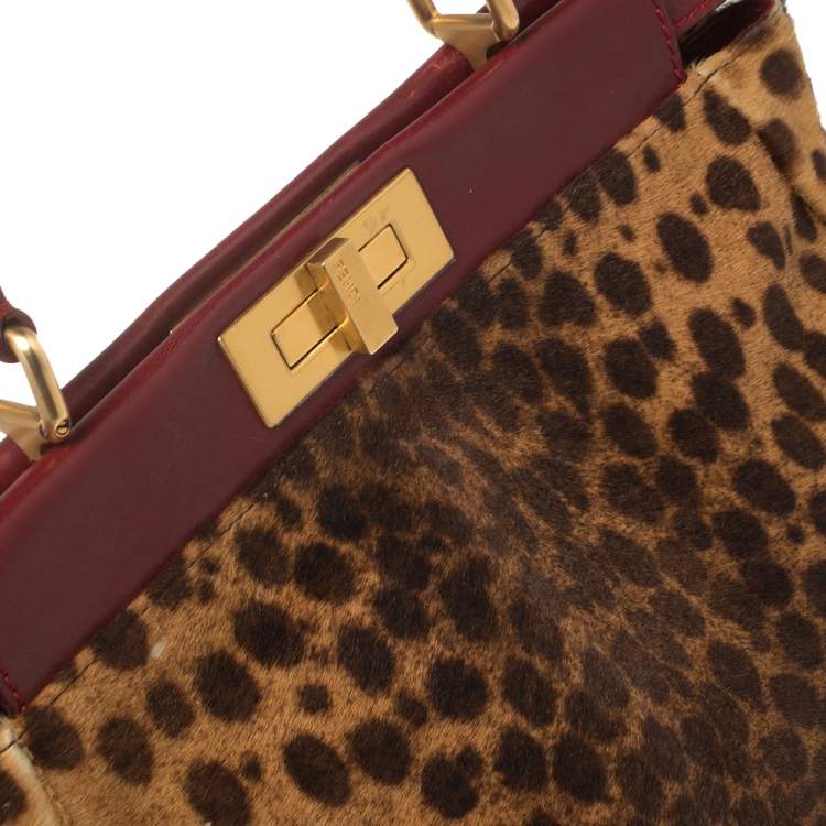 Pre Owned Fendi Brown/Burgundy Calf Hair and Leather Medium Peekaboo Top Handle Bag