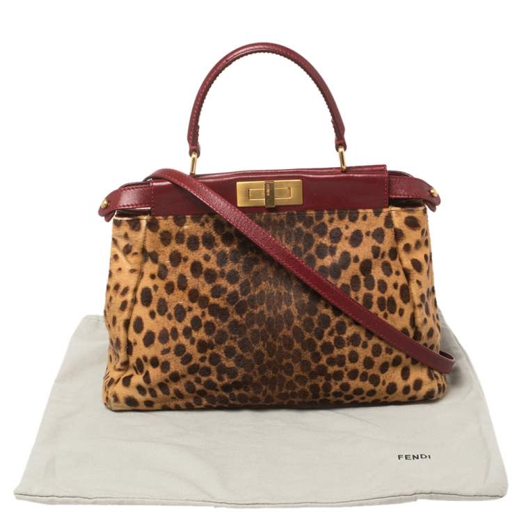 Pre Owned Fendi Brown/Burgundy Calf Hair and Leather Medium Peekaboo Top Handle Bag