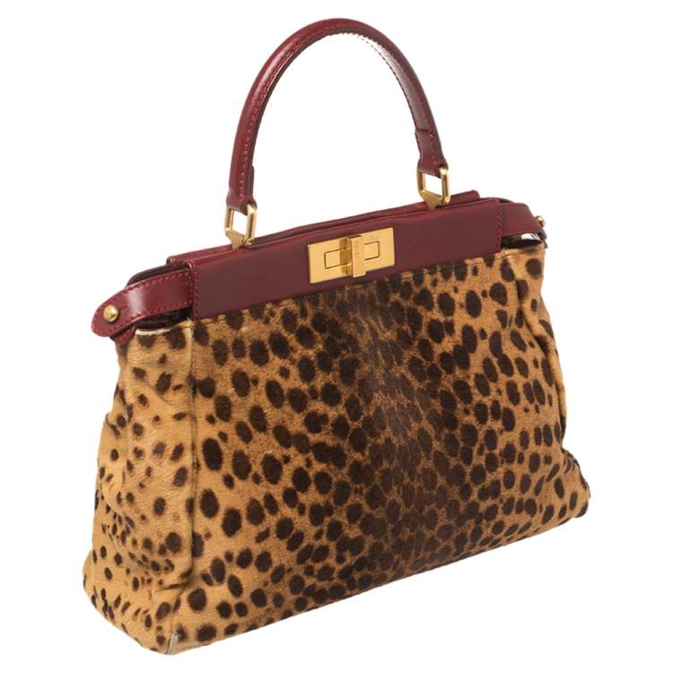 Pre Owned Fendi Brown/Burgundy Calf Hair and Leather Medium Peekaboo Top Handle Bag