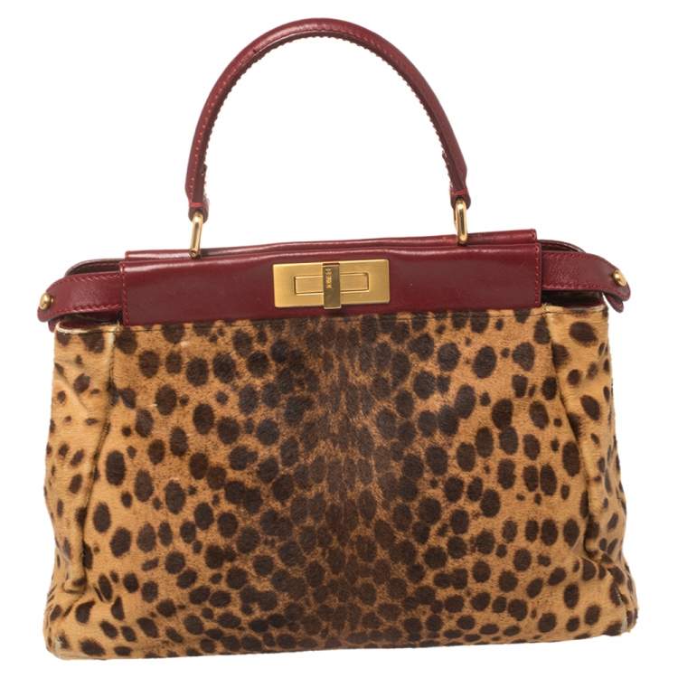Pre Owned Fendi Brown/Burgundy Calf Hair and Leather Medium Peekaboo Top Handle Bag