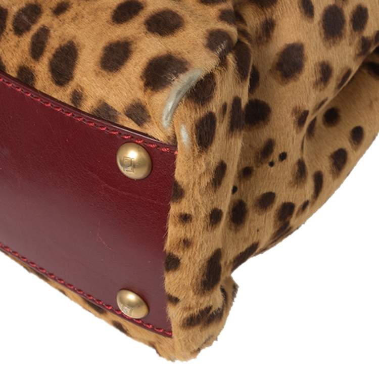 Pre Owned Fendi Brown/Burgundy Calf Hair and Leather Medium Peekaboo Top Handle Bag