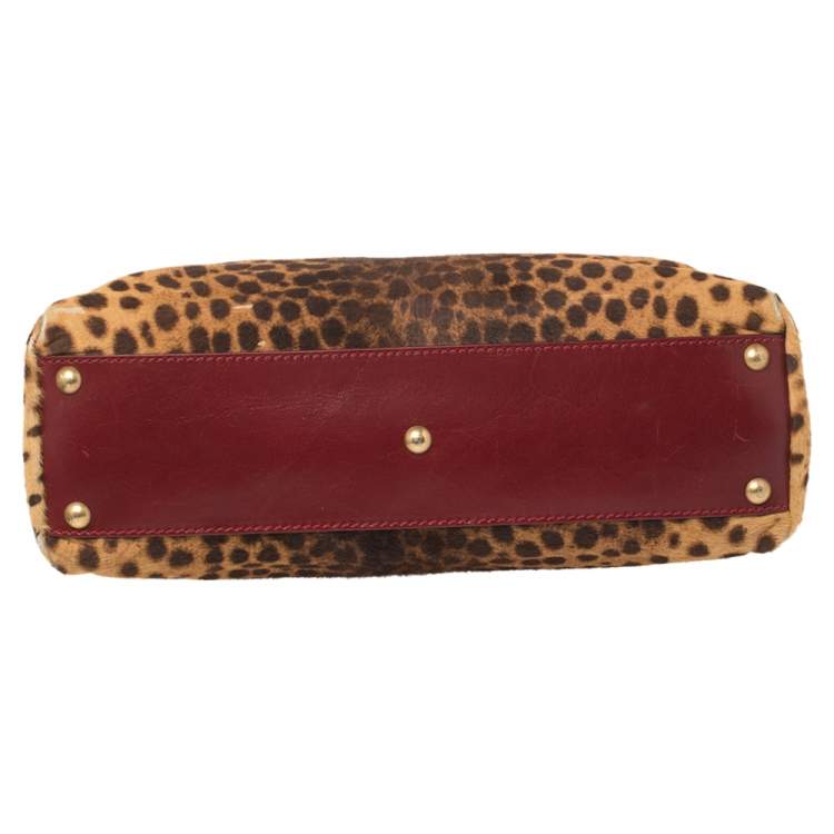 Pre Owned Fendi Brown/Burgundy Calf Hair and Leather Medium Peekaboo Top Handle Bag