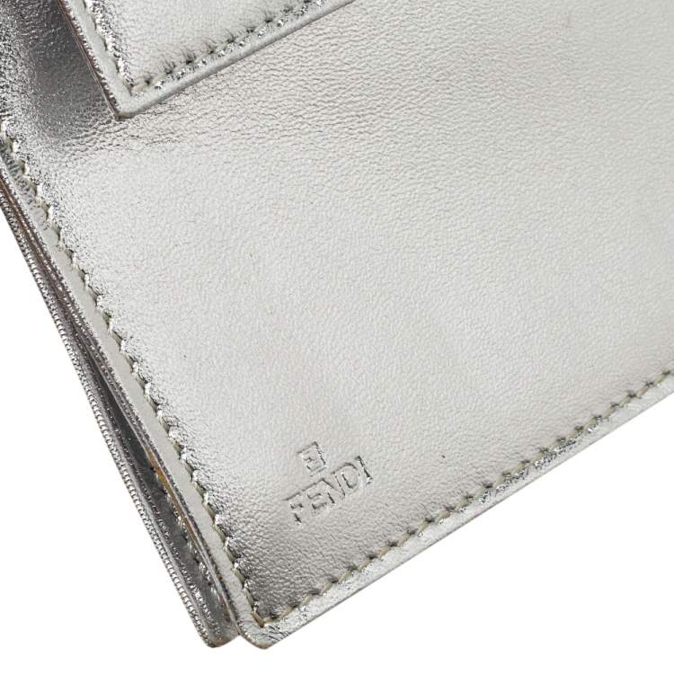Pre Owned Fendi Metallic Silver Logo Embossed Leather Wallet On Chain 