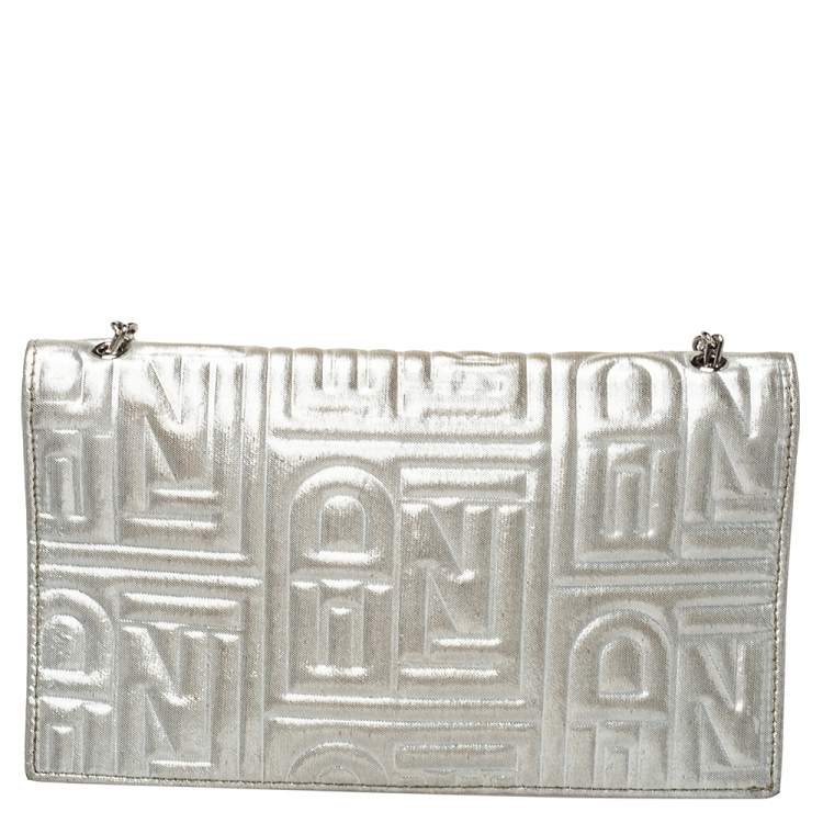 Pre Owned Fendi Metallic Silver Logo Embossed Leather Wallet On Chain 