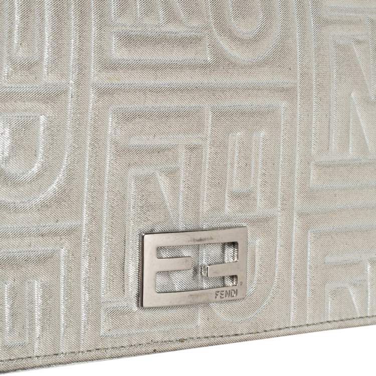 Pre Owned Fendi Metallic Silver Logo Embossed Leather Wallet On Chain 