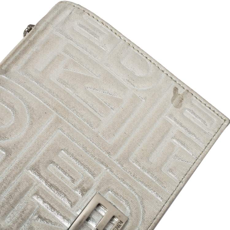 Pre Owned Fendi Metallic Silver Logo Embossed Leather Wallet On Chain 
