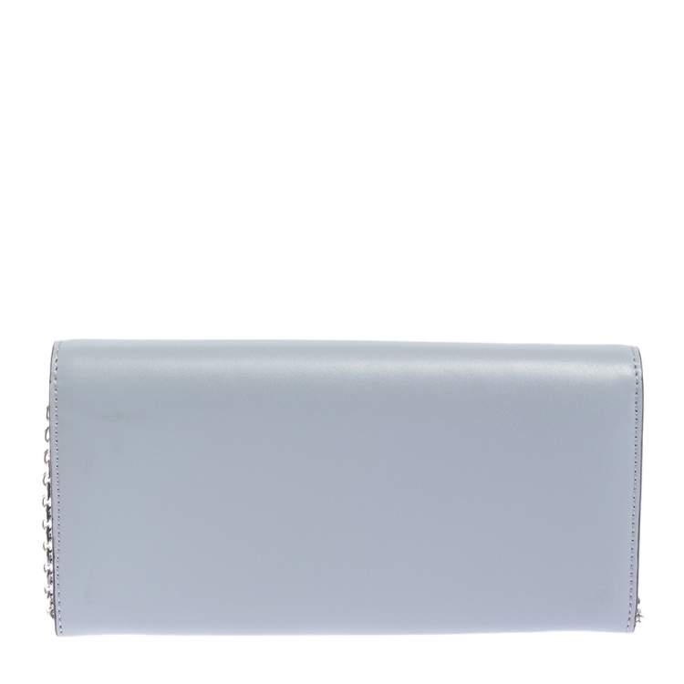 Pre Owned Fendi Stone Blue Leather Studded Flap Wallet On Chain
