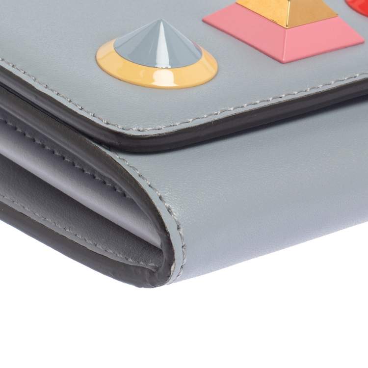 Pre Owned Fendi Stone Blue Leather Studded Flap Wallet On Chain