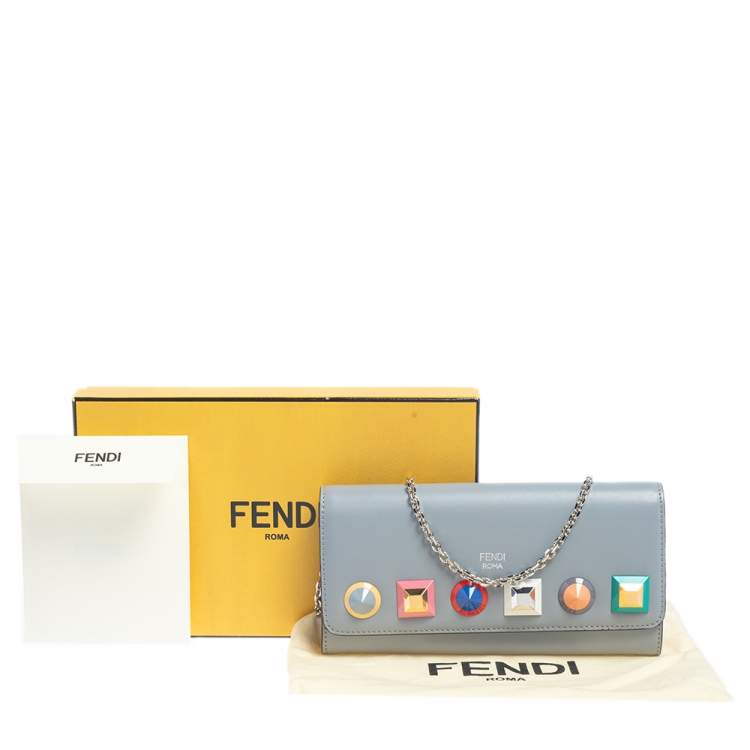 Pre Owned Fendi Stone Blue Leather Studded Flap Wallet On Chain