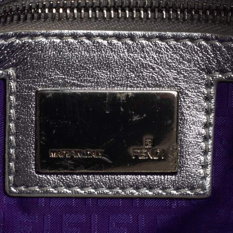 Pre Owned Fendi Silver Logo Embossed Fabric Baguette