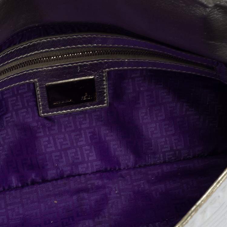 Pre Owned Fendi Silver Logo Embossed Fabric Baguette