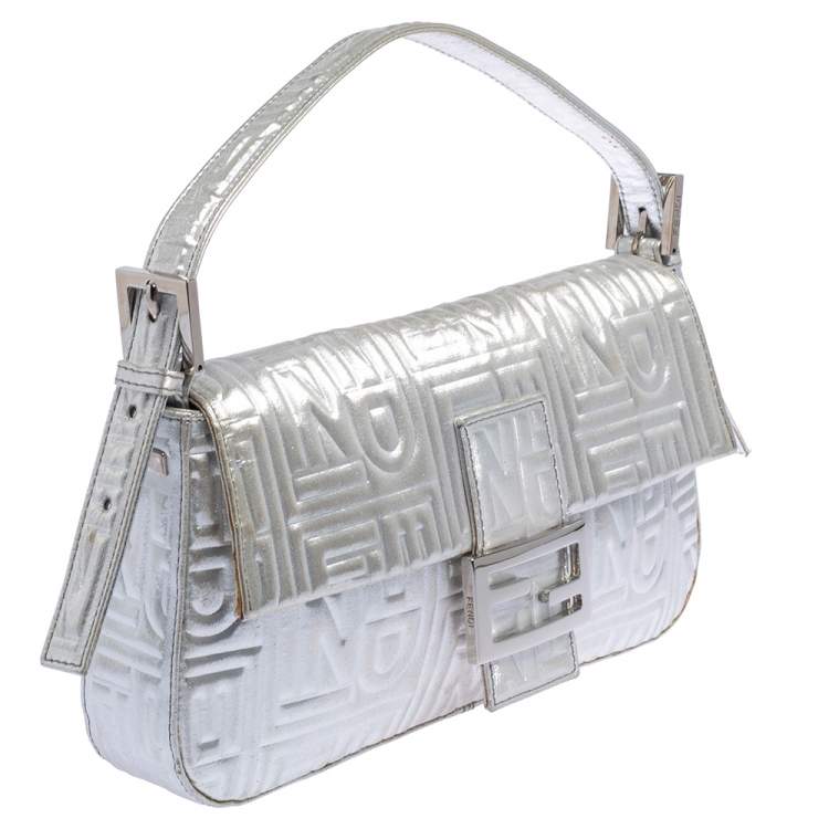 Pre Owned Fendi Silver Logo Embossed Fabric Baguette