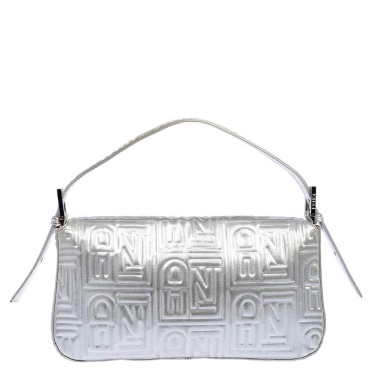 Pre Owned Fendi Silver Logo Embossed Fabric Baguette