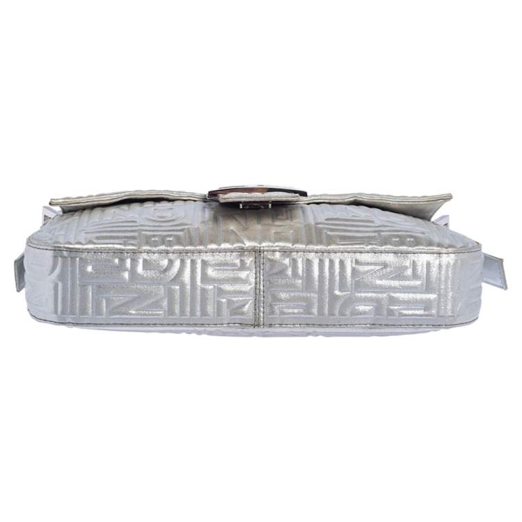 Pre Owned Fendi Silver Logo Embossed Fabric Baguette