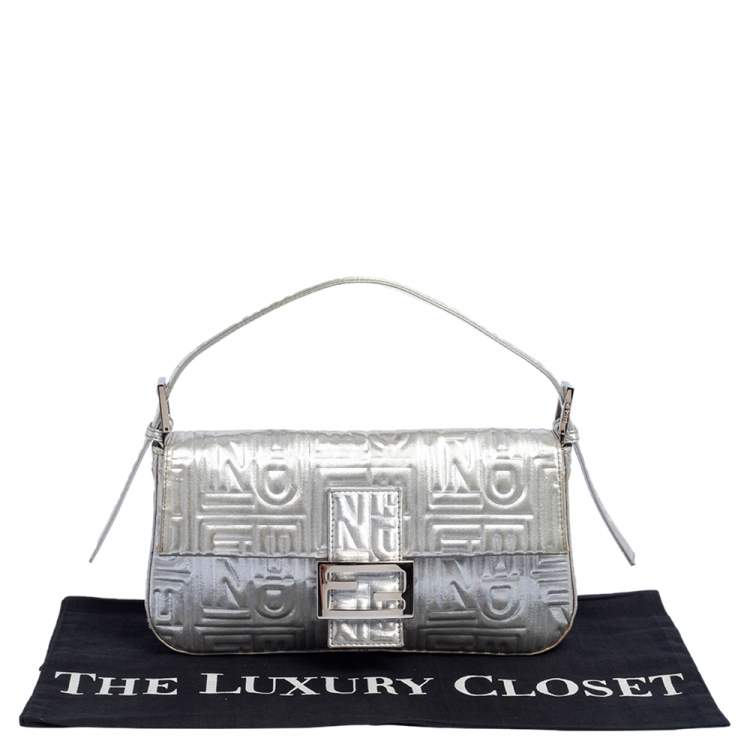 Pre Owned Fendi Silver Logo Embossed Fabric Baguette