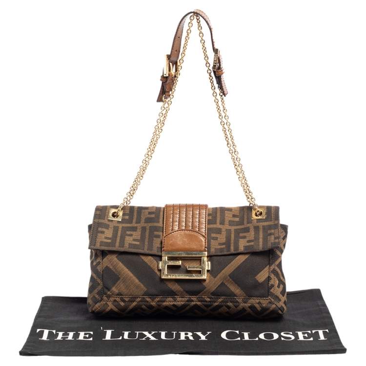 Pre Owned Fendi Brown Zucca Canvas and Leather Chain Shoulder Bag
