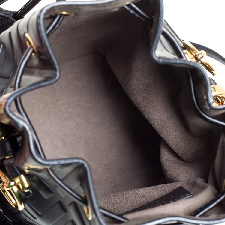 Pre Owned Fendi Black Zucca Leather Mini Mon Tresor Drawstring Bucket Bag