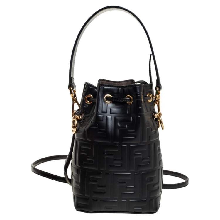 Pre Owned Fendi Black Zucca Leather Mini Mon Tresor Drawstring Bucket Bag