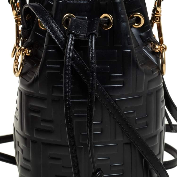 Pre Owned Fendi Black Zucca Leather Mini Mon Tresor Drawstring Bucket Bag