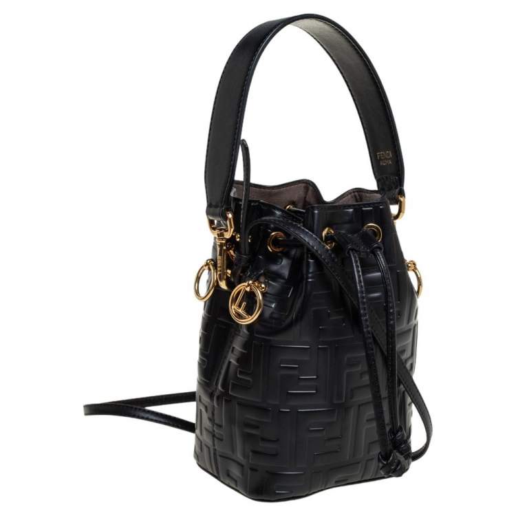 Pre Owned Fendi Black Zucca Leather Mini Mon Tresor Drawstring Bucket Bag