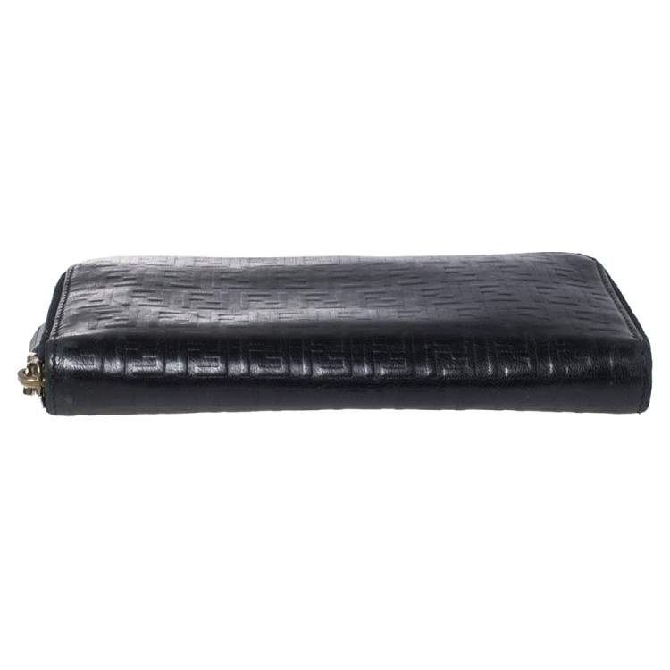 Pre Owned Fendi Black Zucchino Embossed Leather Zip Around Wallet 