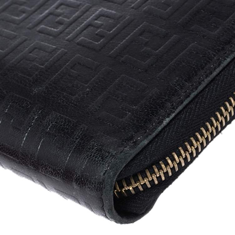 Pre Owned Fendi Black Zucchino Embossed Leather Zip Around Wallet 