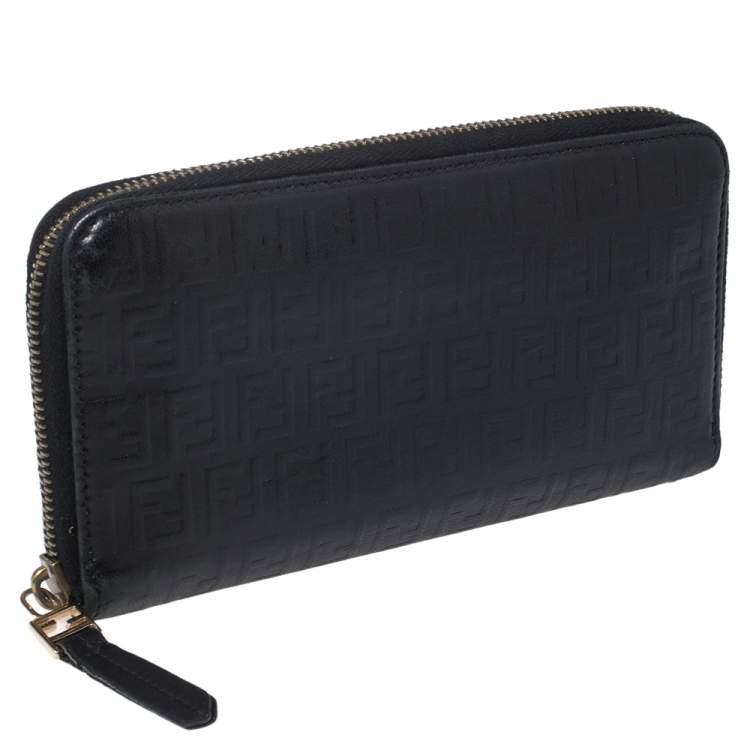 Pre Owned Fendi Black Zucchino Embossed Leather Zip Around Wallet 