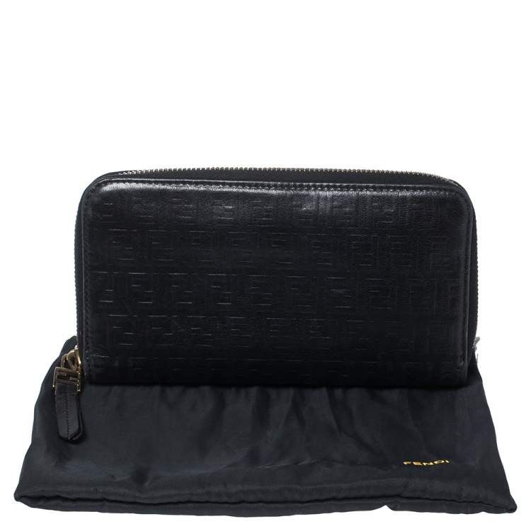 Pre Owned Fendi Black Zucchino Embossed Leather Zip Around Wallet 