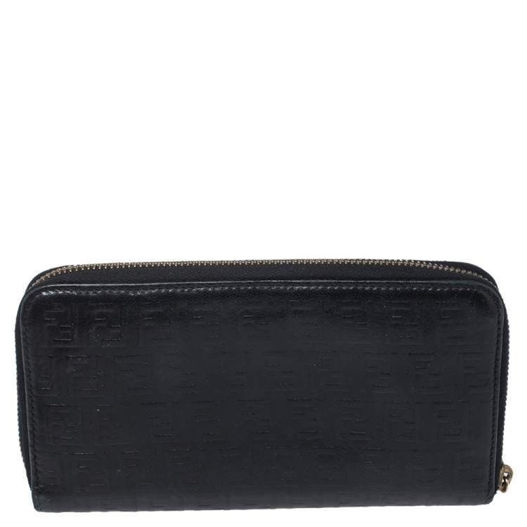 Pre Owned Fendi Black Zucchino Embossed Leather Zip Around Wallet 