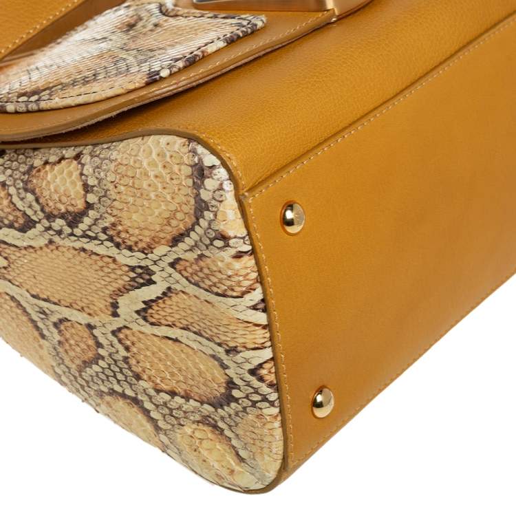 Pre Owned Fendi Mustard/Brown Python And Leather Silvana Top Handle Bag