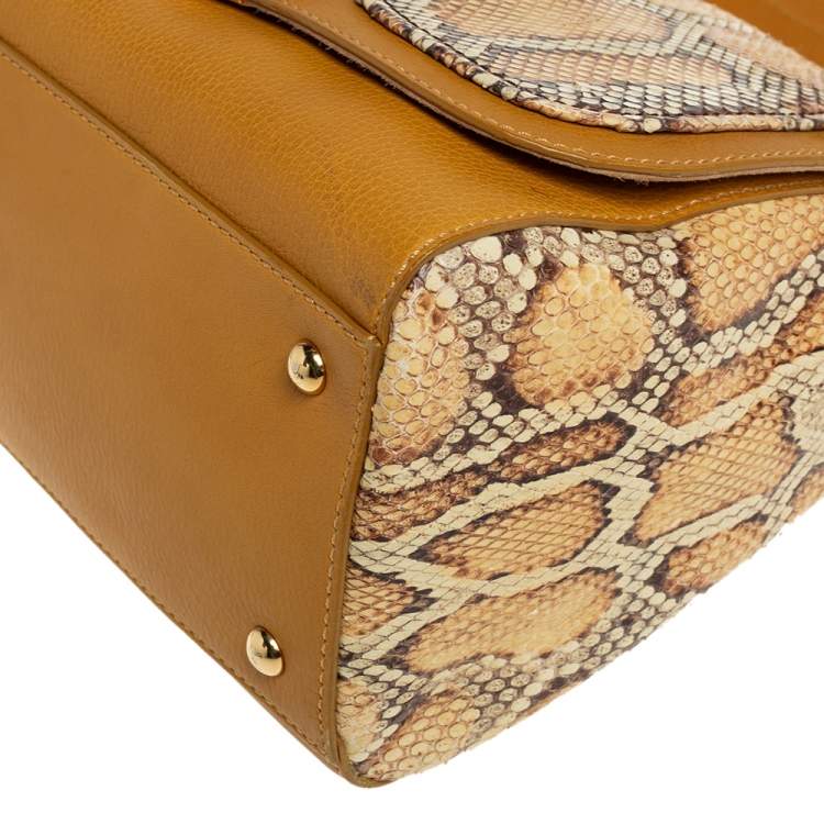 Pre Owned Fendi Mustard/Brown Python And Leather Silvana Top Handle Bag