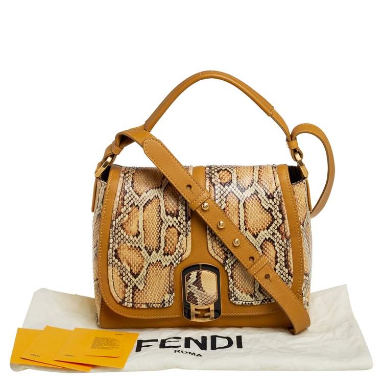 Pre Owned Fendi Mustard/Brown Python And Leather Silvana Top Handle Bag